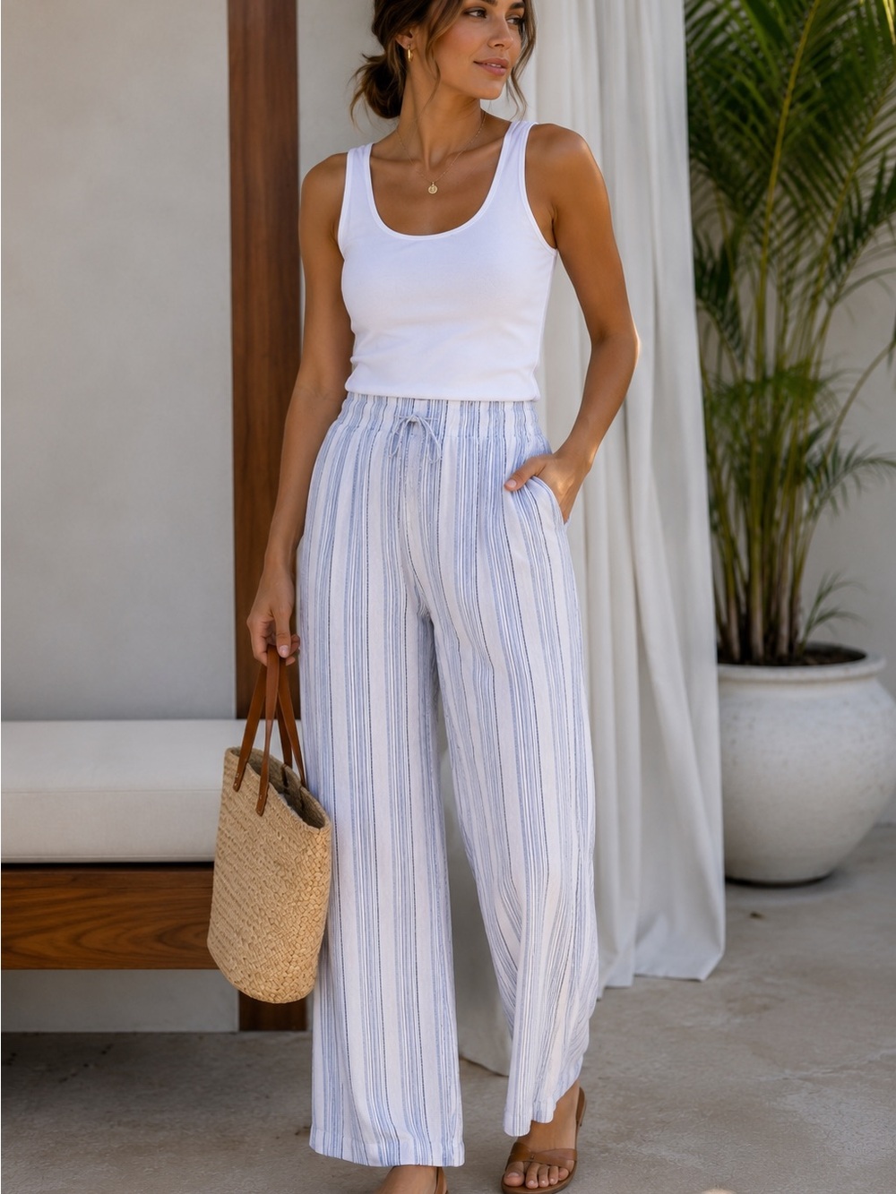 Briggs Linen Blend Pull On Pants Women’s L Blue White Striped Wide Leg Casual